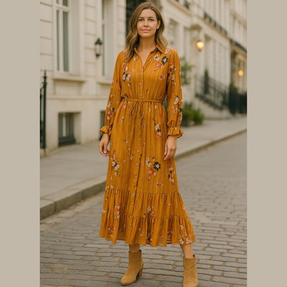 PART TWO Pumpkin Floral Longsleeve Maxi Dress Womens Sz 6 Feminine Fall Chic - Picture 1 of 6